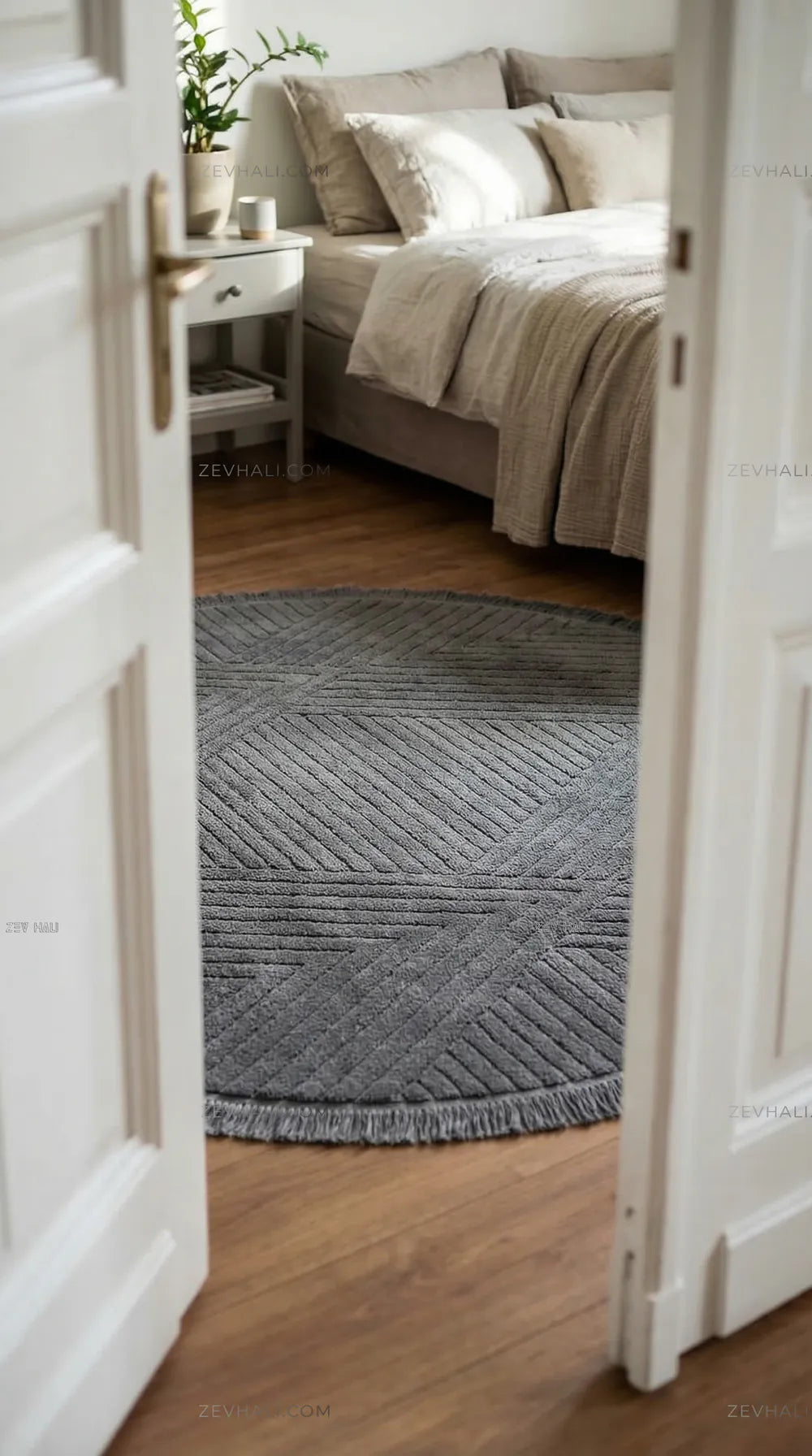 Zev Halı Babil Antrasit Çizgili Ekstra Yumuşak Modern Yuvarlak Halı Ba10 | Microfiber Halı | Zev Halı