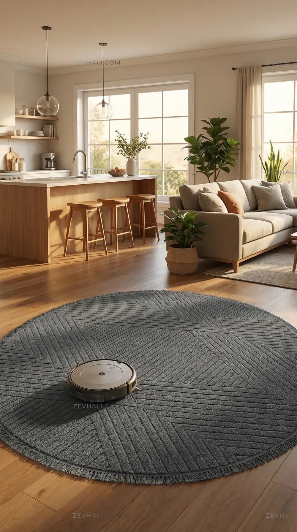 Zev Halı Babil Antrasit Çizgili Ekstra Yumuşak Modern Yuvarlak Halı Ba10 | Microfiber Halı | Zev Halı