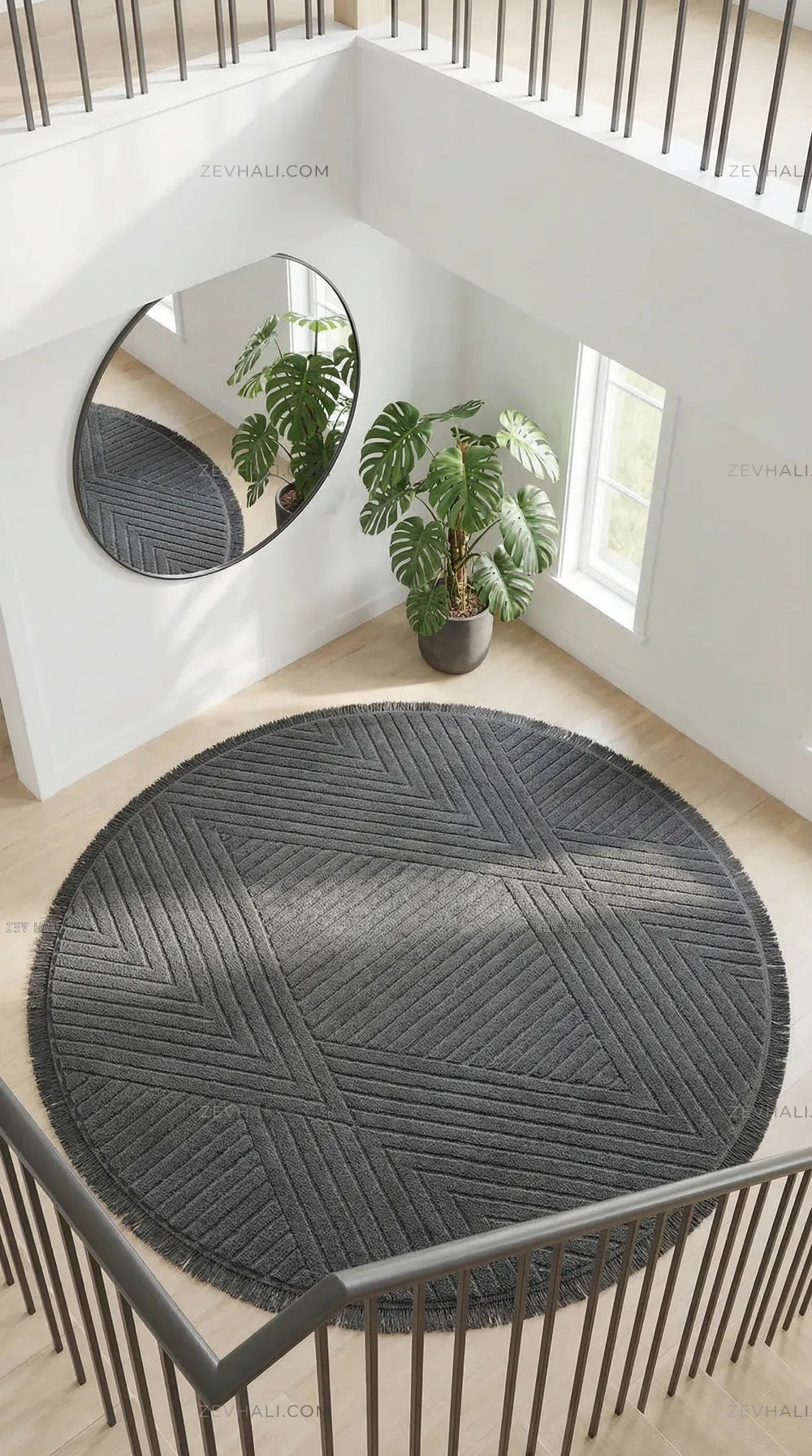 Zev Halı Babil Antrasit Çizgili Ekstra Yumuşak Modern Yuvarlak Halı Ba10 | Microfiber Halı | Zev Halı