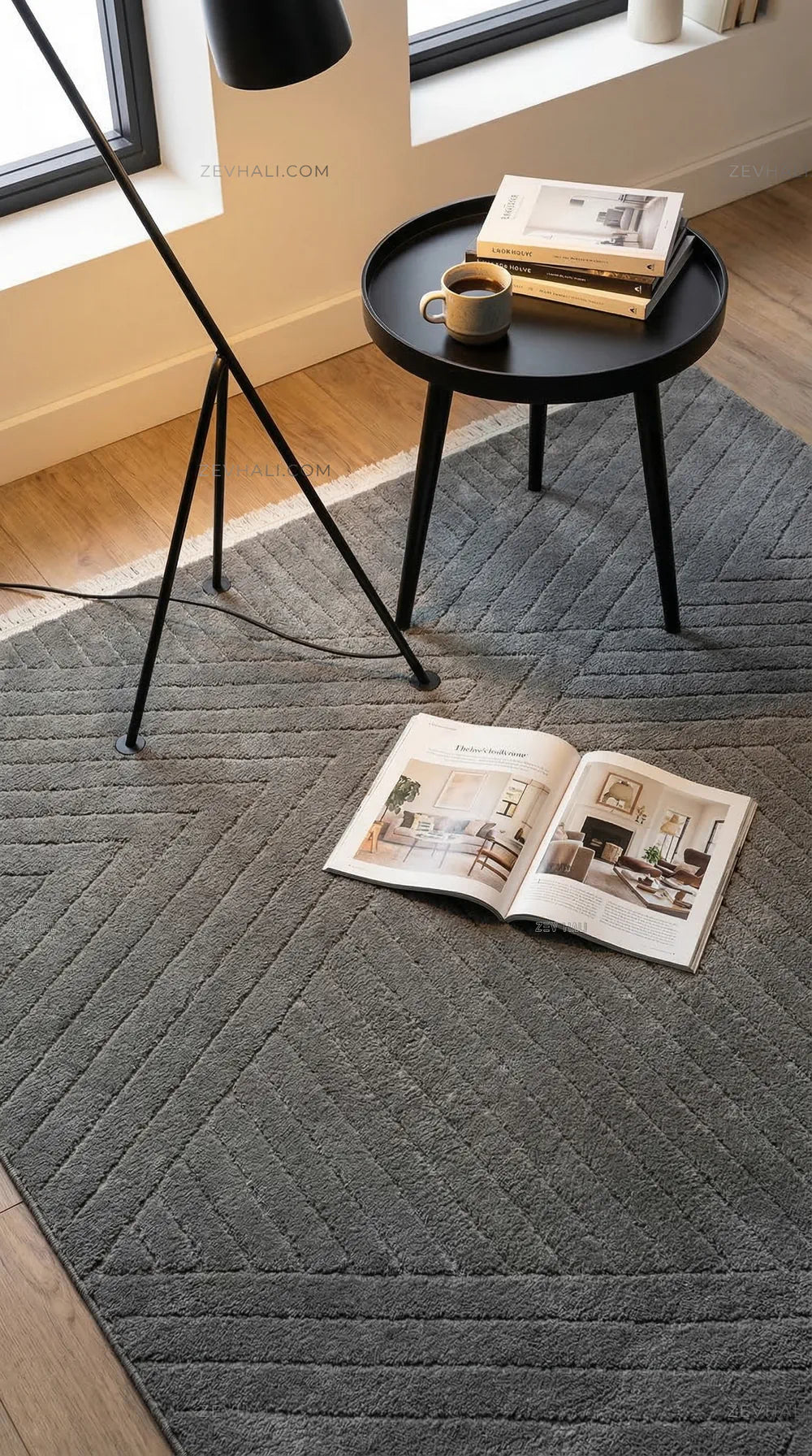 Zev Halı Babil Antrasit Çizgi Desenli Oturma Odası Halısı Özel Ölçü Ba09 | Microfiber Halı | Zev Halı