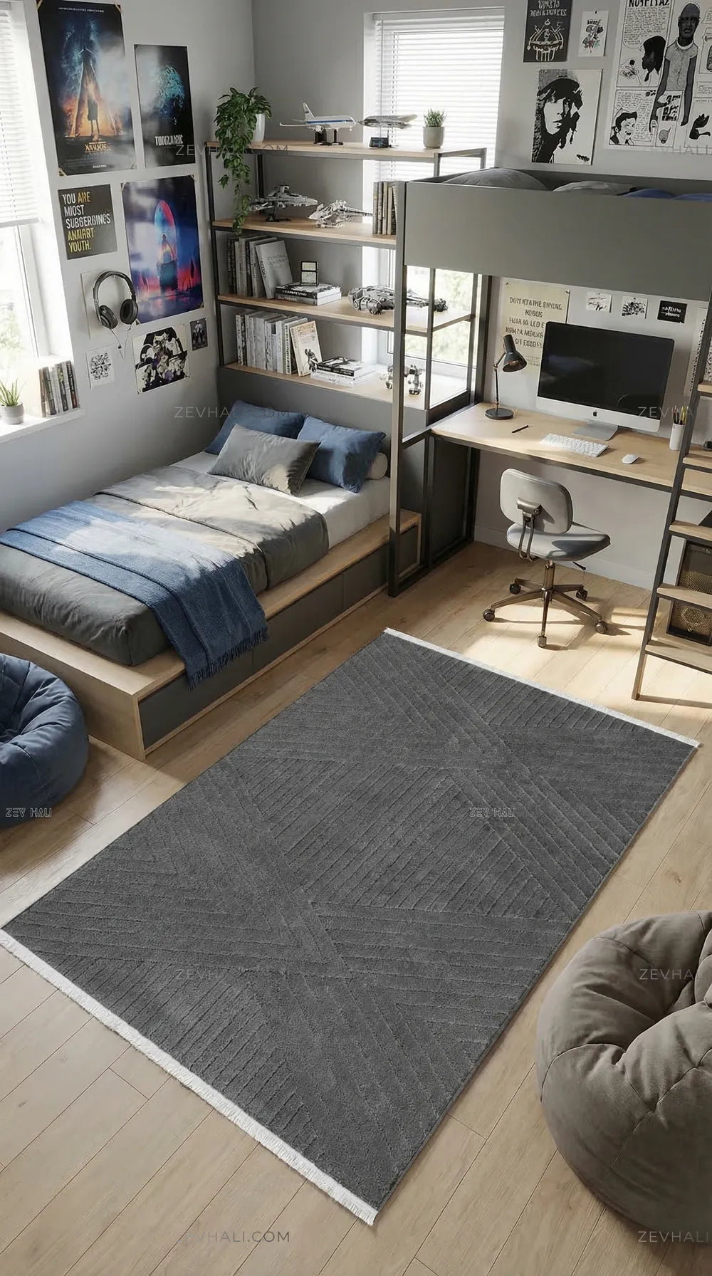 Zev Halı Babil Antrasit Çizgi Desenli Oturma Odası Halısı Özel Ölçü Ba09 | Microfiber Halı | Zev Halı