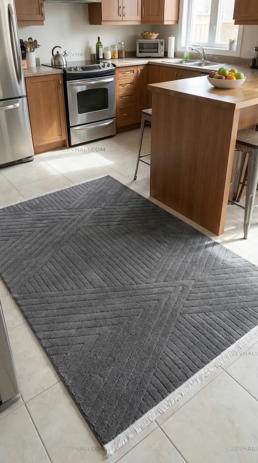 Zev Halı Babil Antrasit Çizgi Desenli Oturma Odası Halısı Özel Ölçü Ba09 | Microfiber Halı | Zev Halı