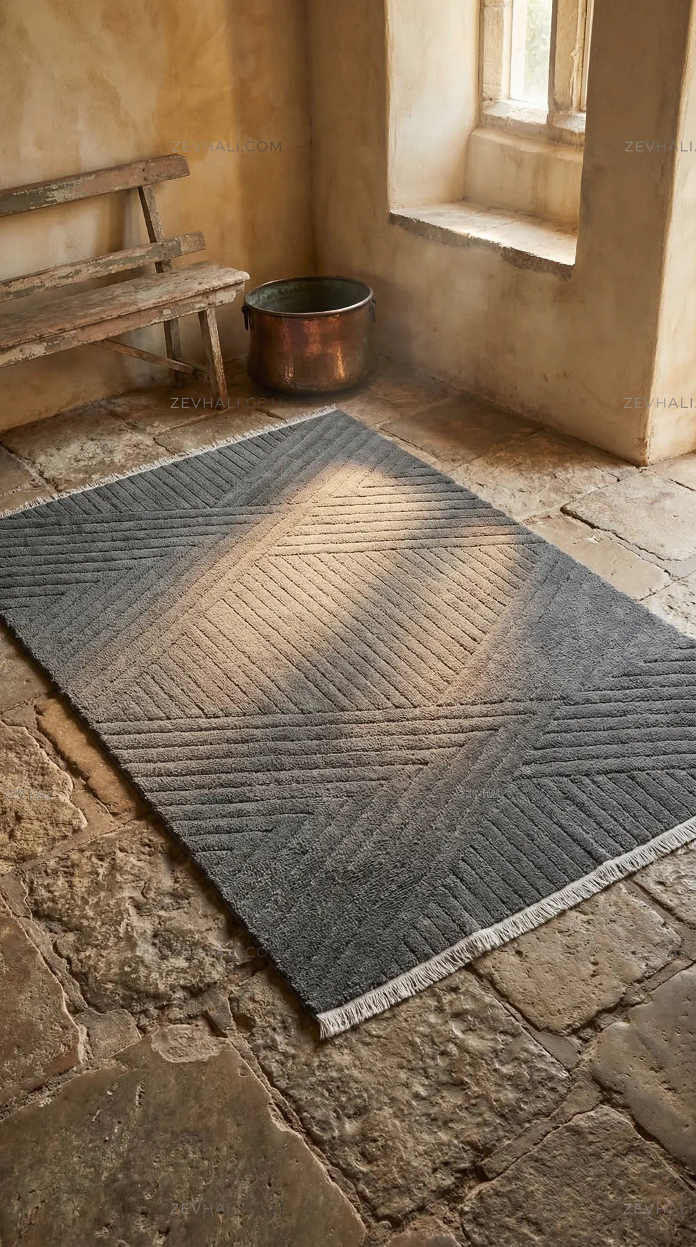 Zev Halı Babil Antrasit Çizgi Desenli Oturma Odası Halısı Özel Ölçü Ba09 | Microfiber Halı | Zev Halı