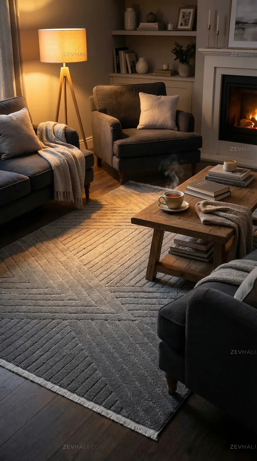 Zev Halı Babil Antrasit Çizgi Desenli Oturma Odası Halısı Özel Ölçü Ba09 | Microfiber Halı | Zev Halı