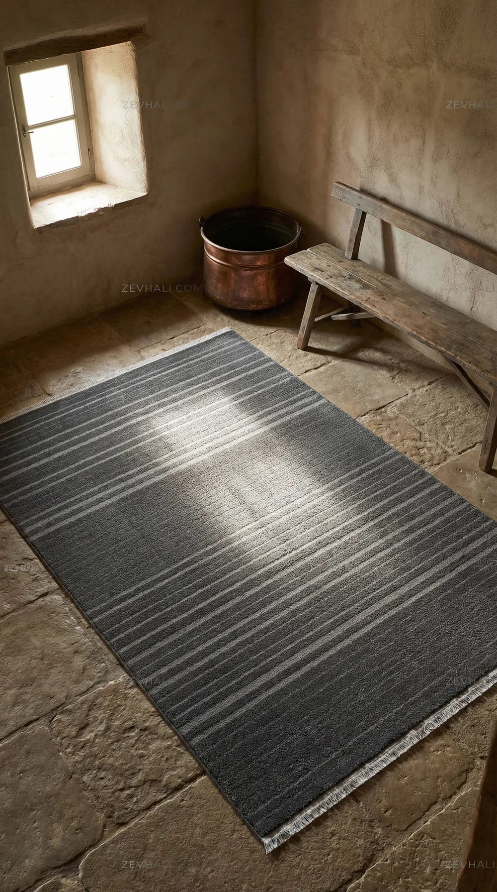 Zev Halı Babil Antrasit Kendinden Çizgili | Yumuşak & Microfiber Halı Özel Ölçü Ba02 | Microfiber Halı | Zev Halı