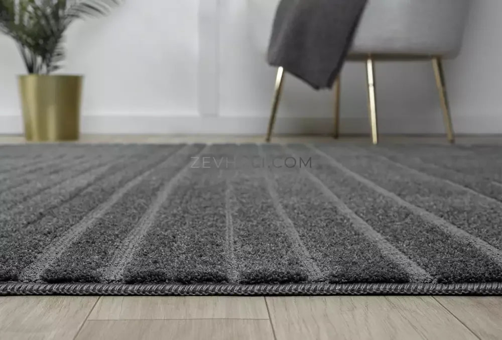 Zev Halı Babil Antrasit Kendinden Çizgili | Yumuşak & Microfiber Halı Özel Ölçü Ba02 | Microfiber Halı | Zev Halı