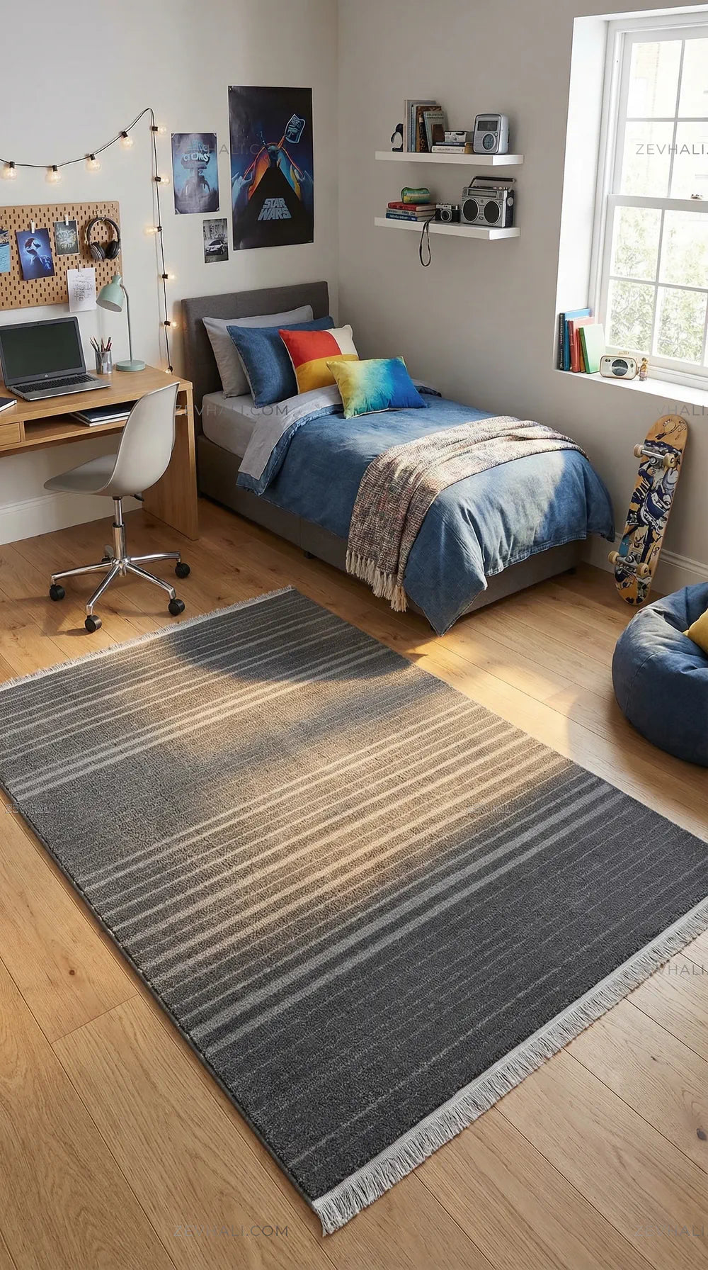 Zev Halı Babil Antrasit Kendinden Çizgili | Yumuşak & Microfiber Halı Özel Ölçü Ba02 | Microfiber Halı | Zev Halı