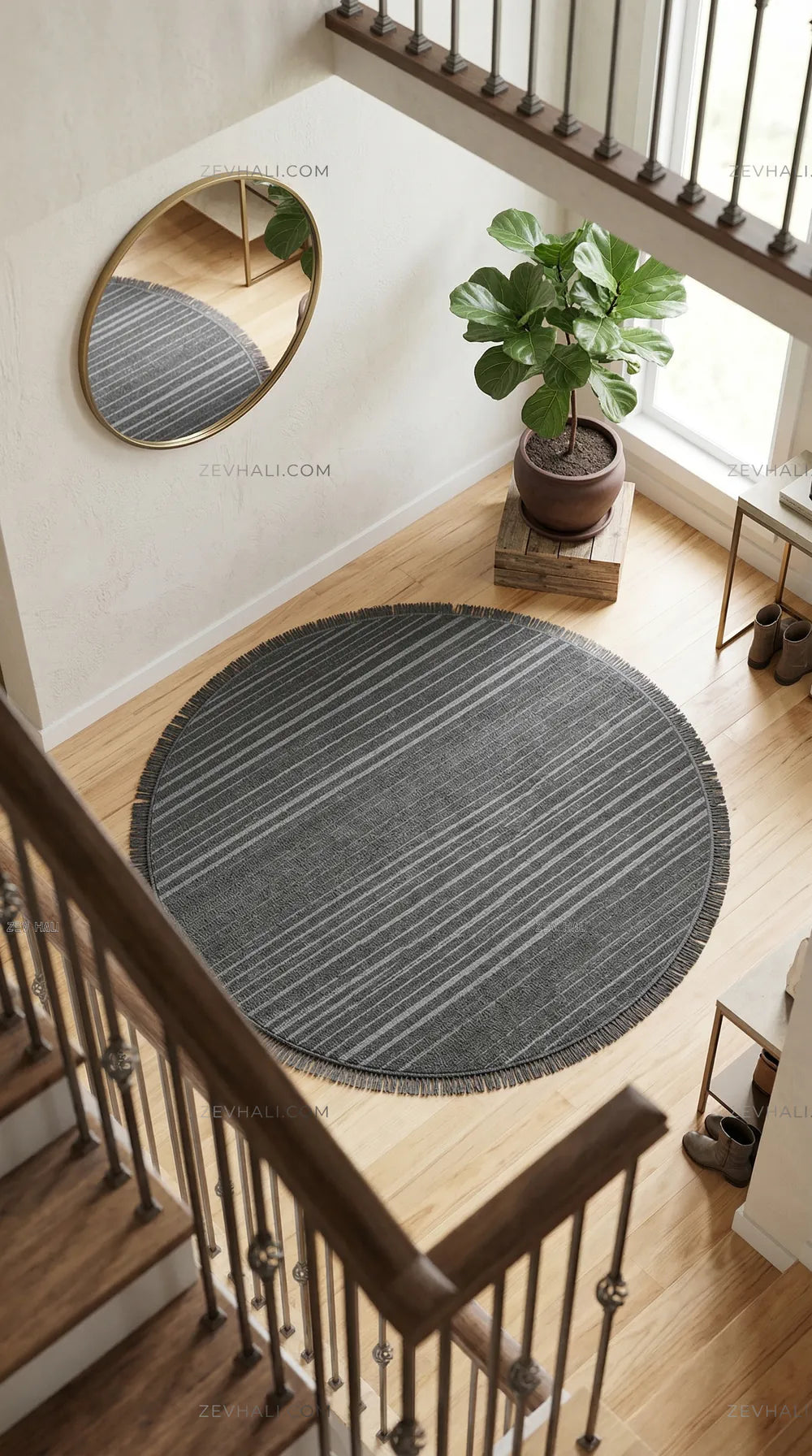 Zev Halı Babil Antrasit Çizgili Yumuşak Tek Renk Yuvarlak Halı Ba18 | Microfiber Halı | Zev Halı