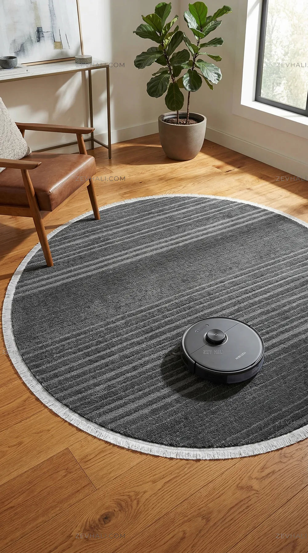 Zev Halı Babil Antrasit Çizgili Yumuşak Tek Renk Yuvarlak Halı Ba18 | Microfiber Halı | Zev Halı