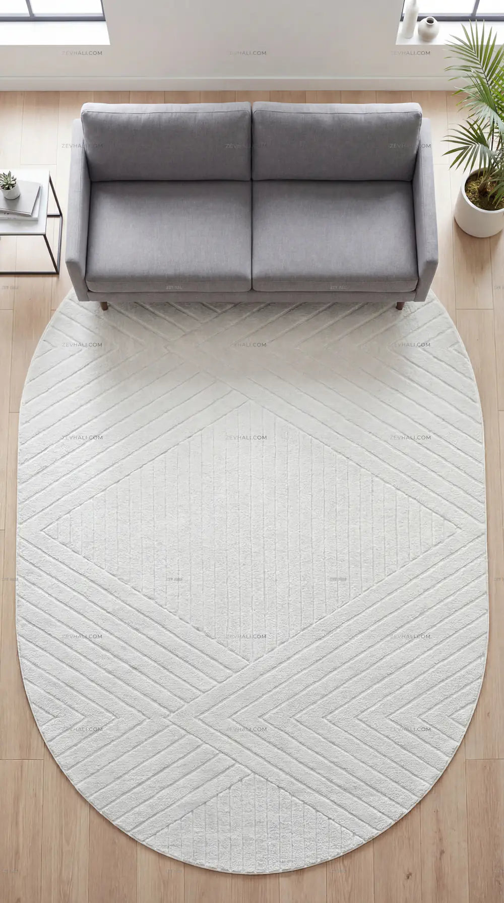Zev Halı Babil Beyaz Chevron 3D Ekstra Yumuşak Oval Halı Özel Ölçü Ba25 | Microfiber Halı | Zev Halı