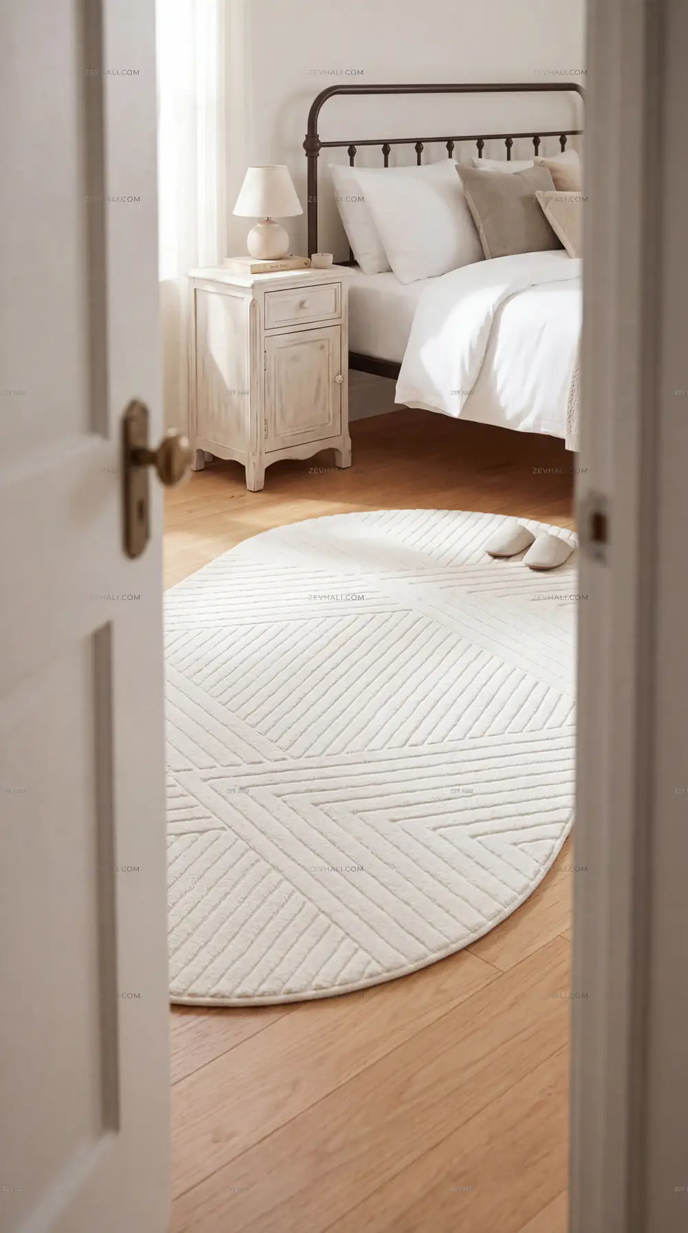 Zev Halı Babil Beyaz Chevron 3D Ekstra Yumuşak Oval Halı Özel Ölçü Ba25 | Microfiber Halı | Zev Halı