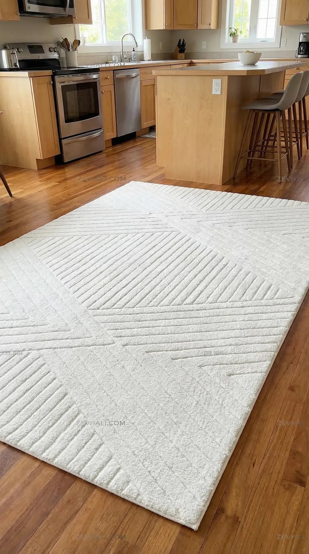 Zev Halı Babil Beyaz Çizgili Elmas Desenli Halı Özel Ölçü Ba07 | Microfiber Halı | Zev Halı