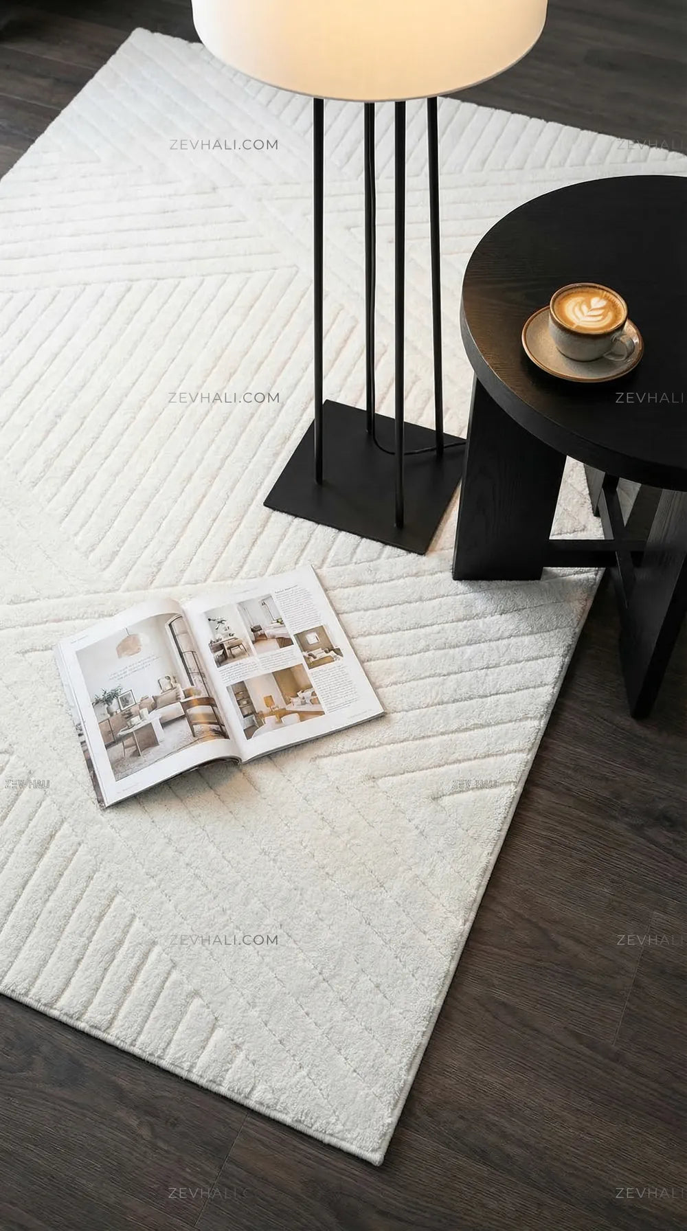 Zev Halı Babil Beyaz Çizgili Elmas Desenli Halı Özel Ölçü Ba07 | Microfiber Halı | Zev Halı