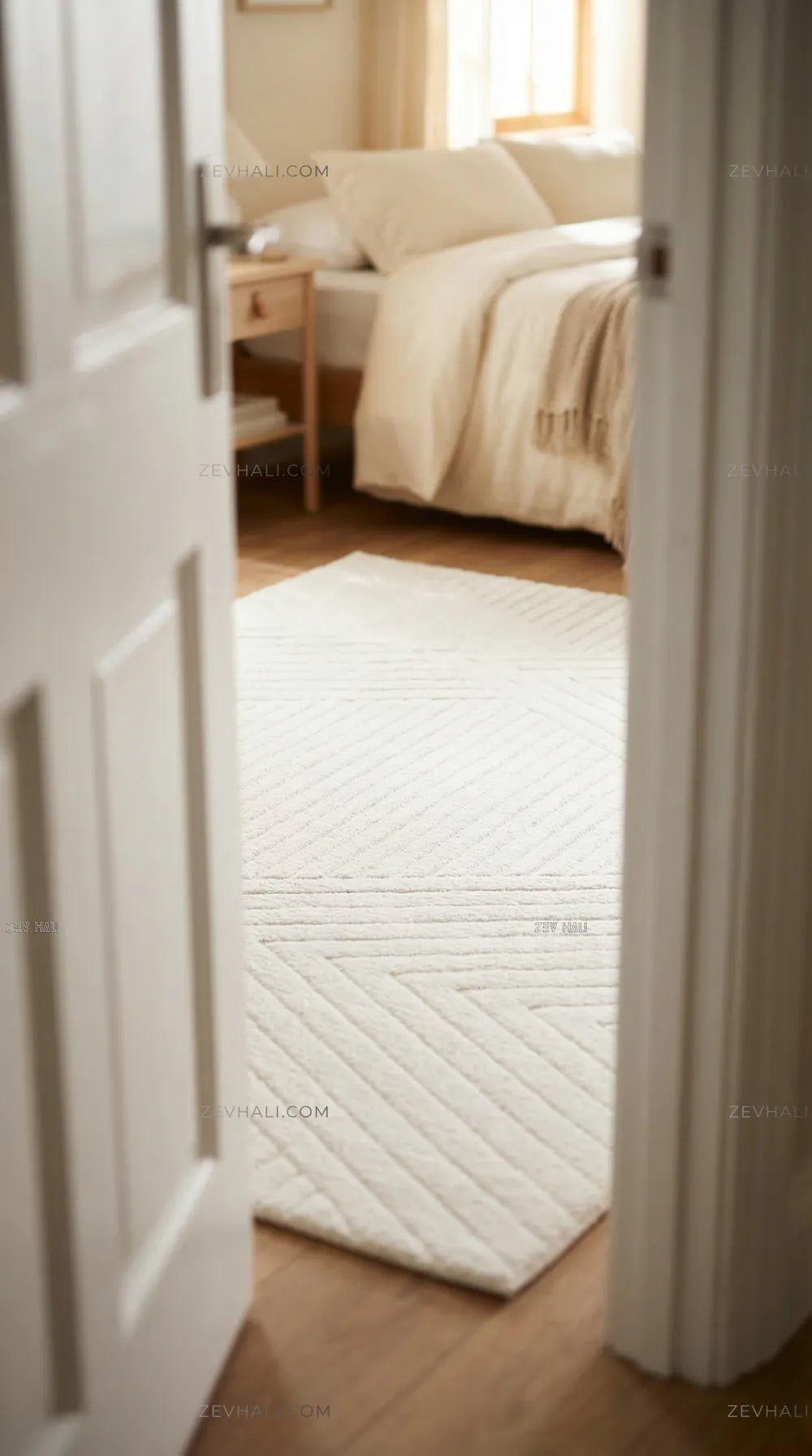 Zev Halı Babil Beyaz Çizgili Elmas Desenli Halı Özel Ölçü Ba07 | Microfiber Halı | Zev Halı