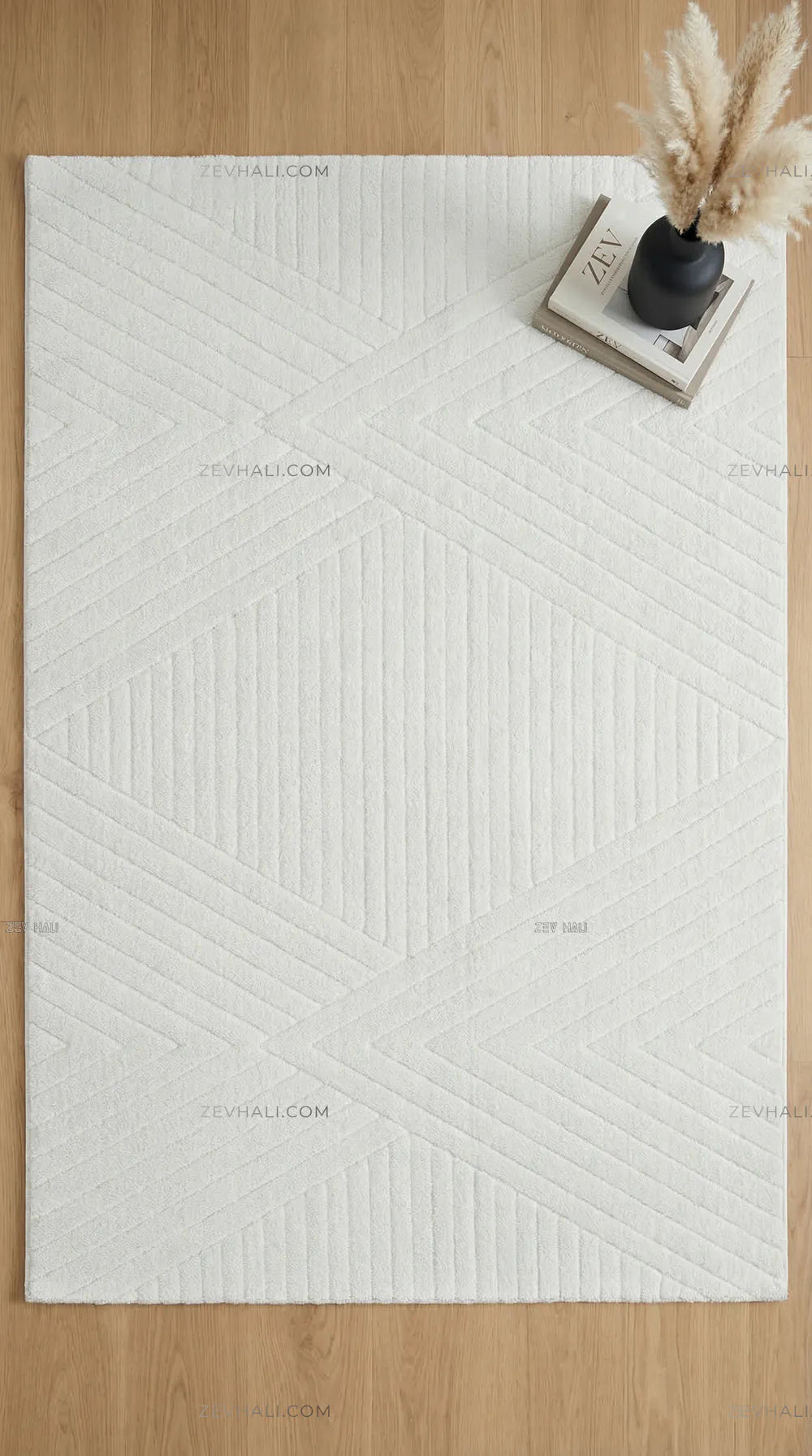Zev Halı Babil Beyaz Çizgili Elmas Desenli Halı Özel Ölçü Ba07 | Microfiber Halı | Zev Halı