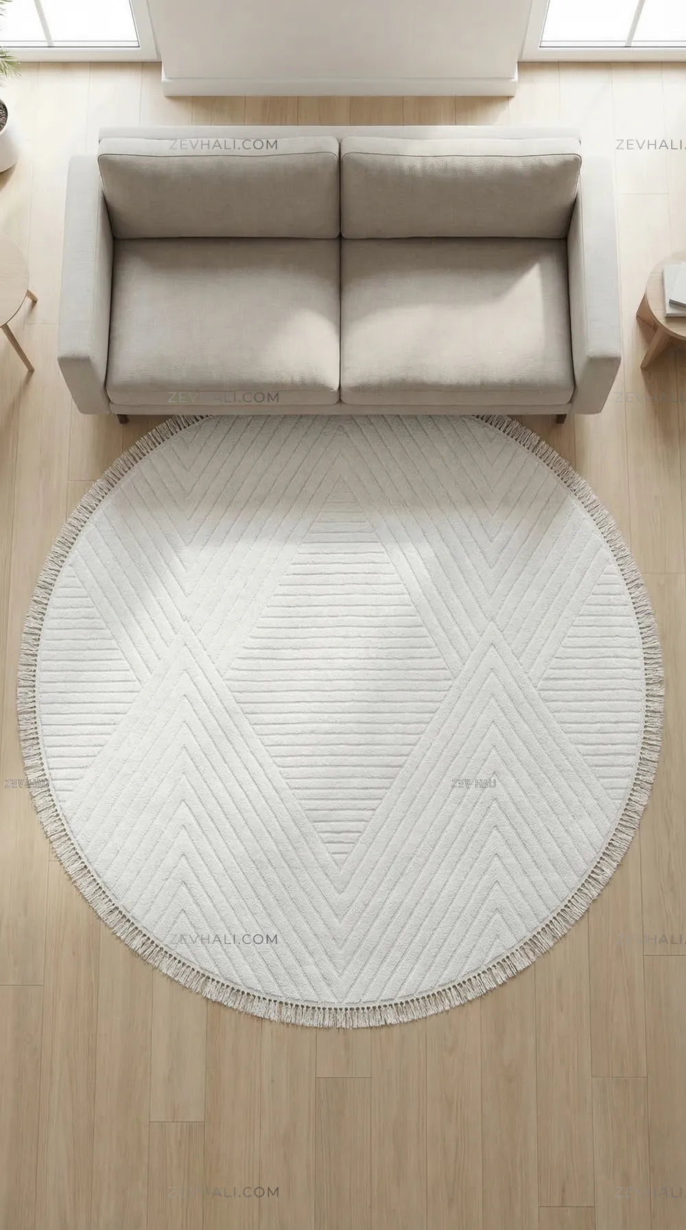 Zev Halı Babil Beyaz Çizgili Elmas Ekstra Yumuşak Modern Yuvarlak Halı Ba12 | Microfiber Halı | Zev Halı