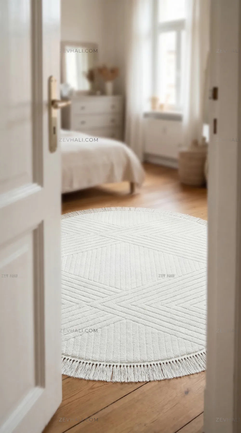 Zev Halı Babil Beyaz Çizgili Elmas Ekstra Yumuşak Modern Yuvarlak Halı Ba12 | Microfiber Halı | Zev Halı
