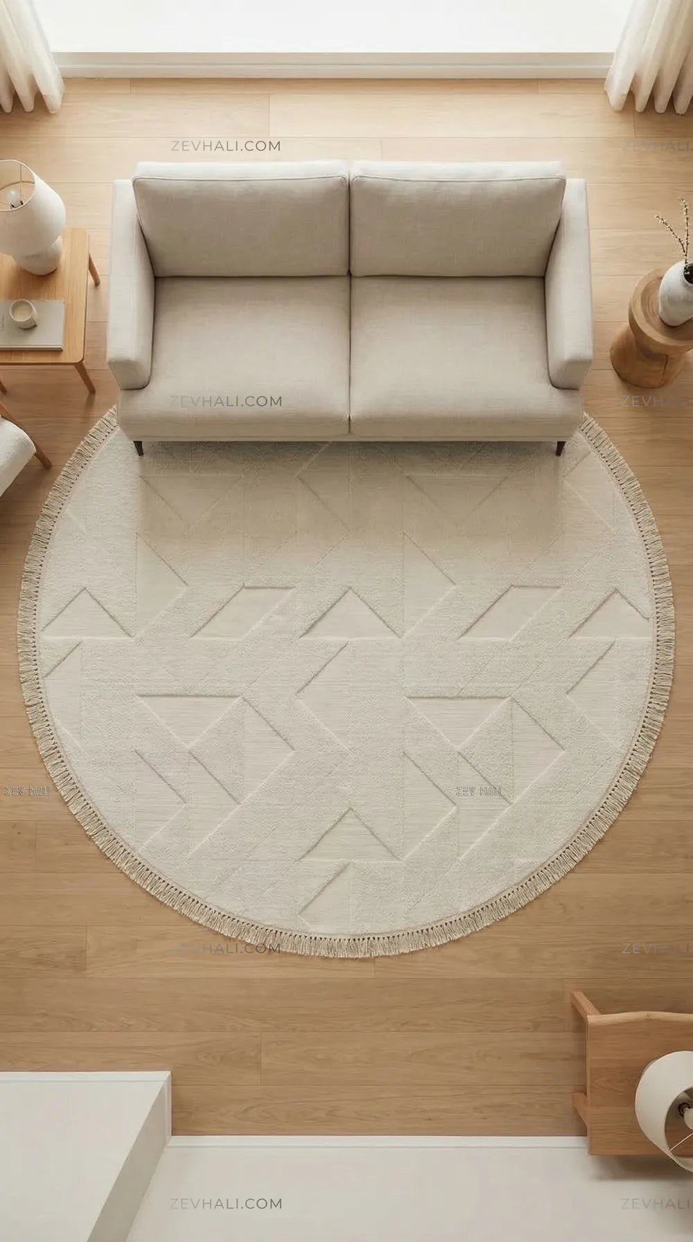 Zev Halı Babil Beyaz Geometrik Ekstra Yumuşak Modern Yuvarlak Halı Ba13 | Microfiber Halı | Zev Halı