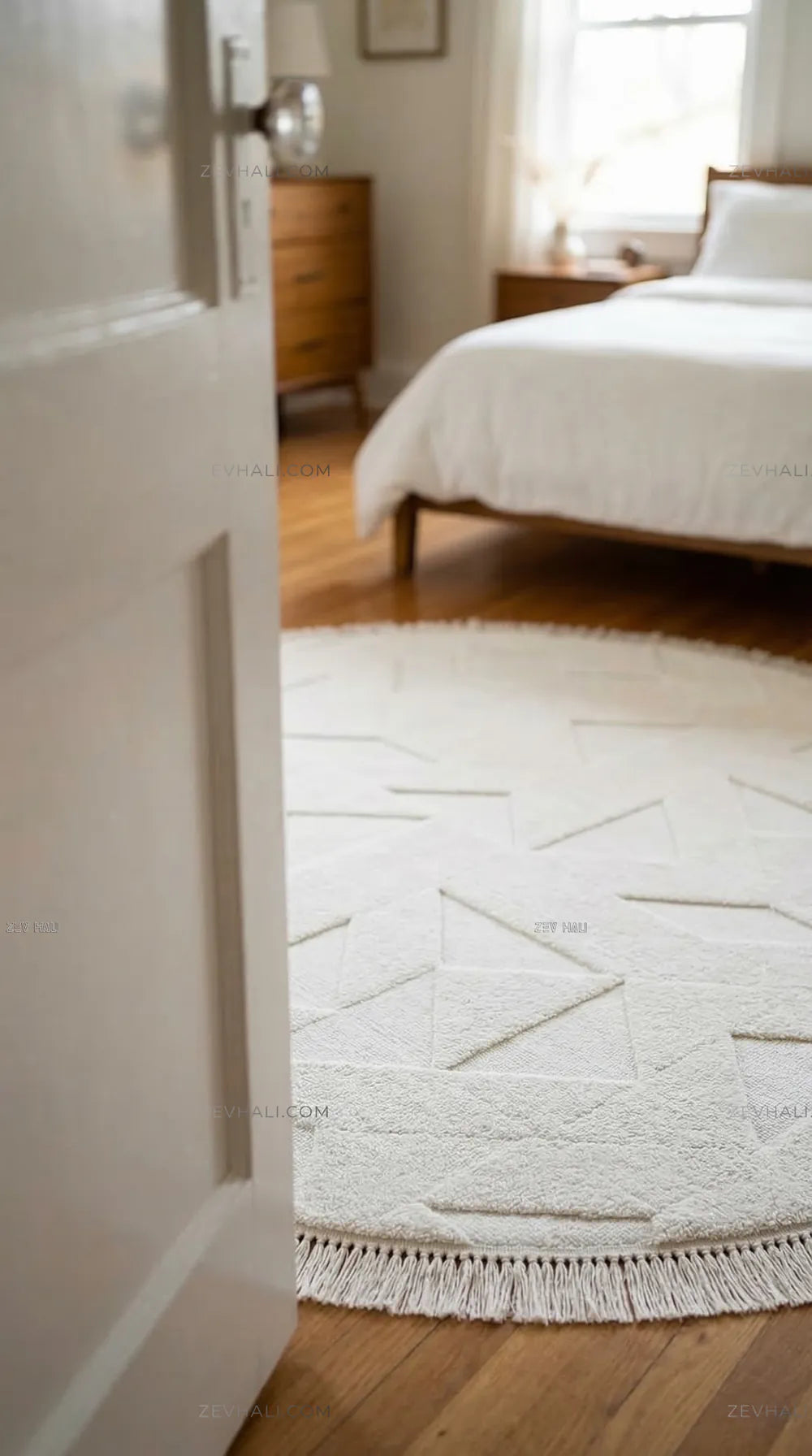 Zev Halı Babil Beyaz Geometrik Ekstra Yumuşak Modern Yuvarlak Halı Ba13 | Microfiber Halı | Zev Halı