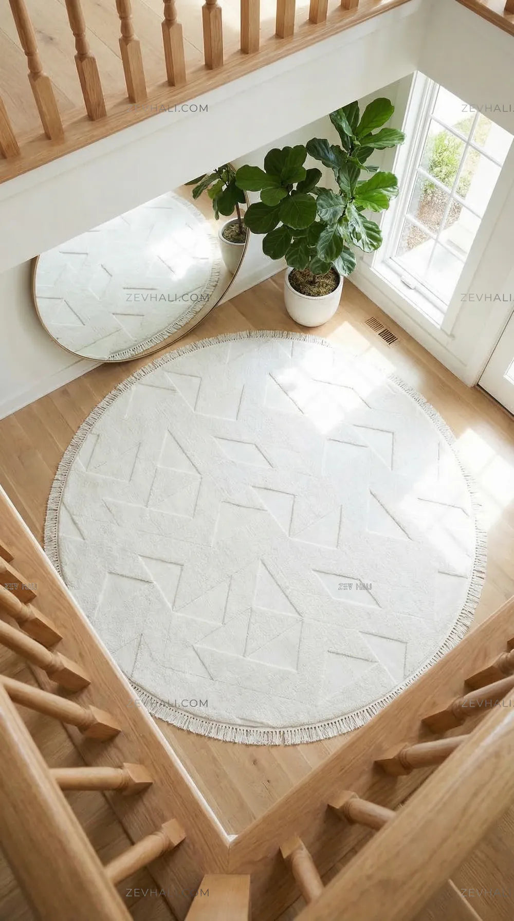 Zev Halı Babil Beyaz Geometrik Ekstra Yumuşak Modern Yuvarlak Halı Ba13 | Microfiber Halı | Zev Halı