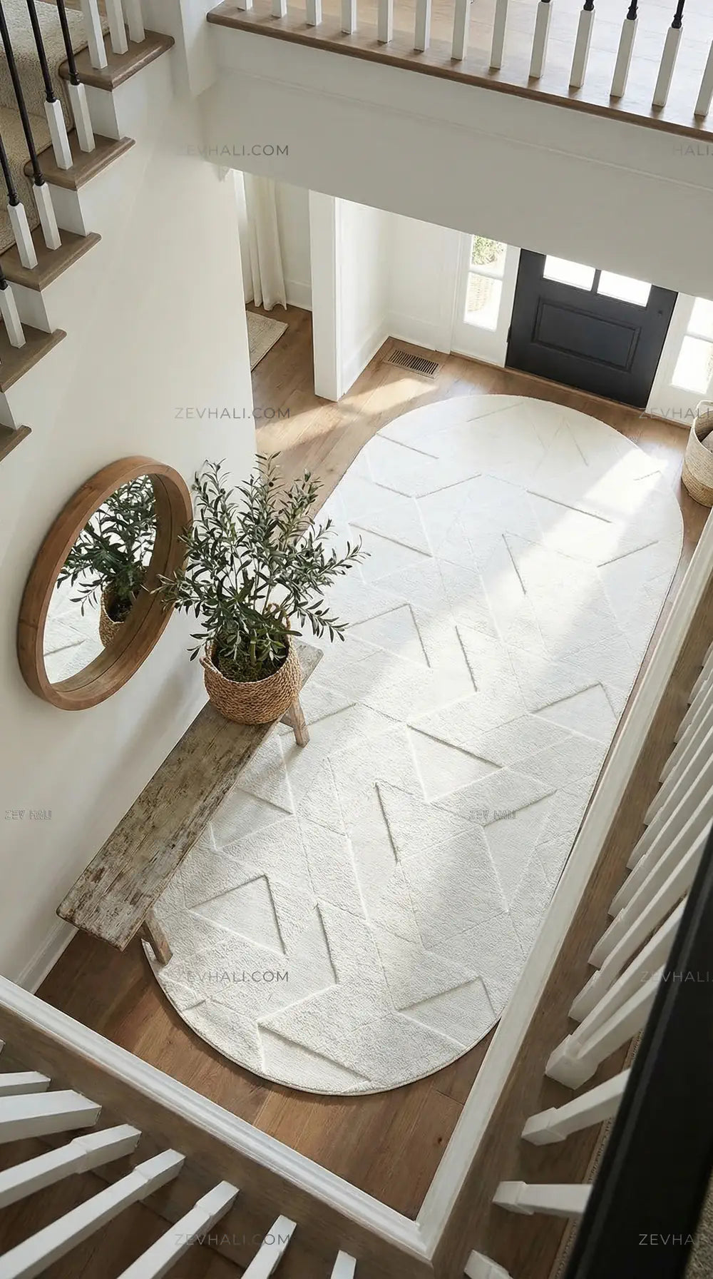 Zev Halı Babil Beyaz Geometrik 3D Ekstra Yumuşak Oval Halı Özel Ölçü Ba22 | Microfiber Halı | Zev Halı