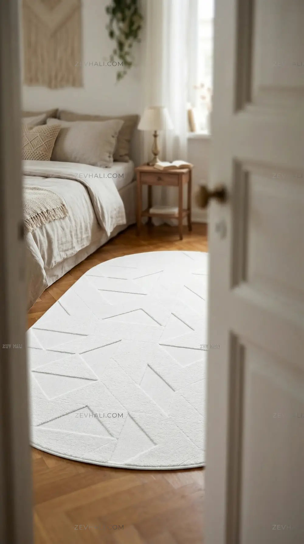 Zev Halı Babil Beyaz Geometrik 3D Ekstra Yumuşak Oval Halı Özel Ölçü Ba22 | Microfiber Halı | Zev Halı