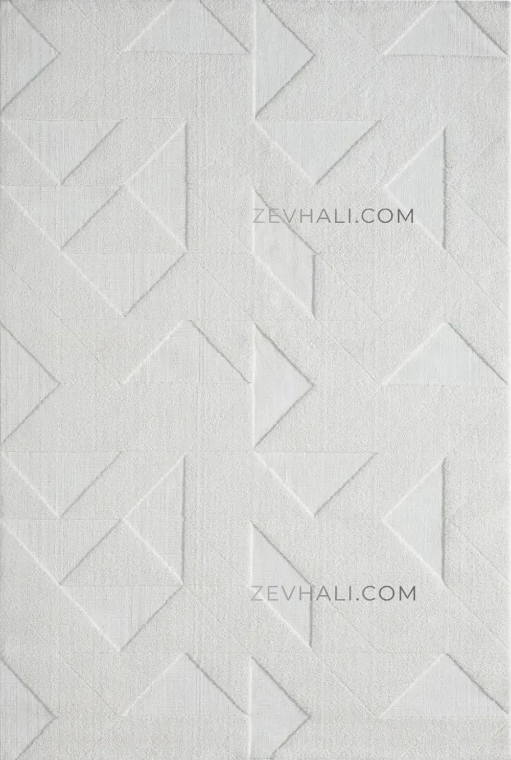Zev Halı Babil Beyaz Geometrik Yumuşak Salon Koridor Halısı Özel Ölçü Ba04 | Microfiber Halı | Zev Halı