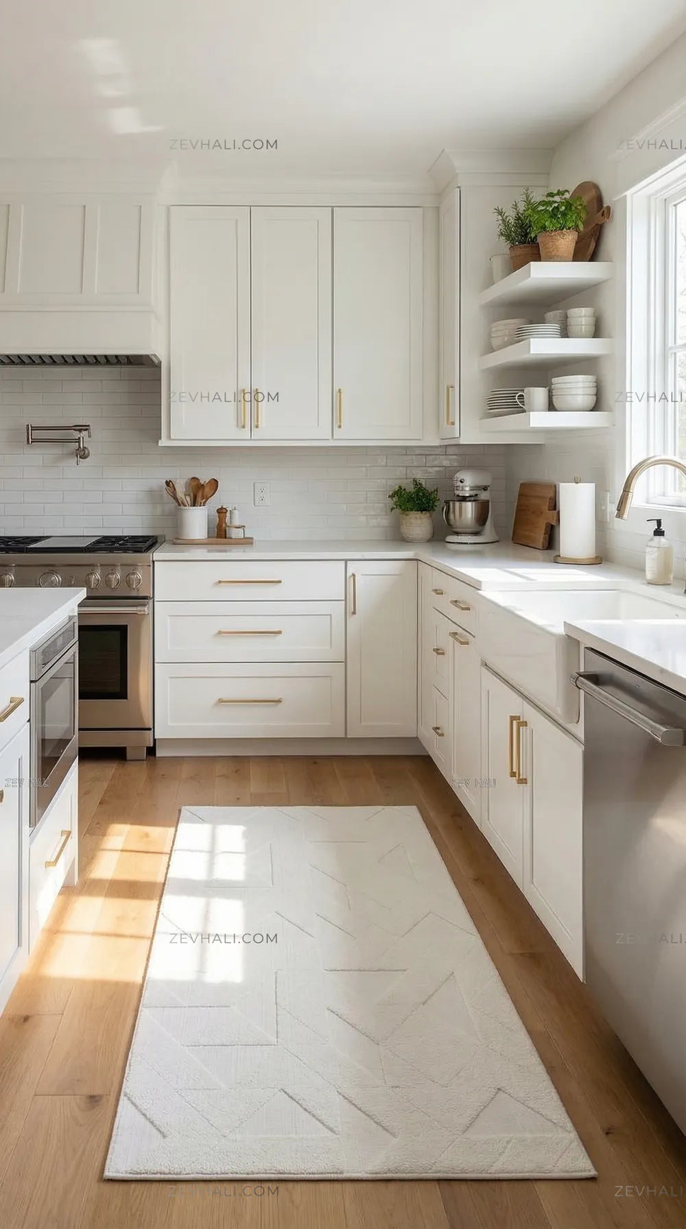 Zev Halı Babil Beyaz Geometrik Yumuşak Salon Koridor Halısı Özel Ölçü Ba04 | Microfiber Halı | Zev Halı