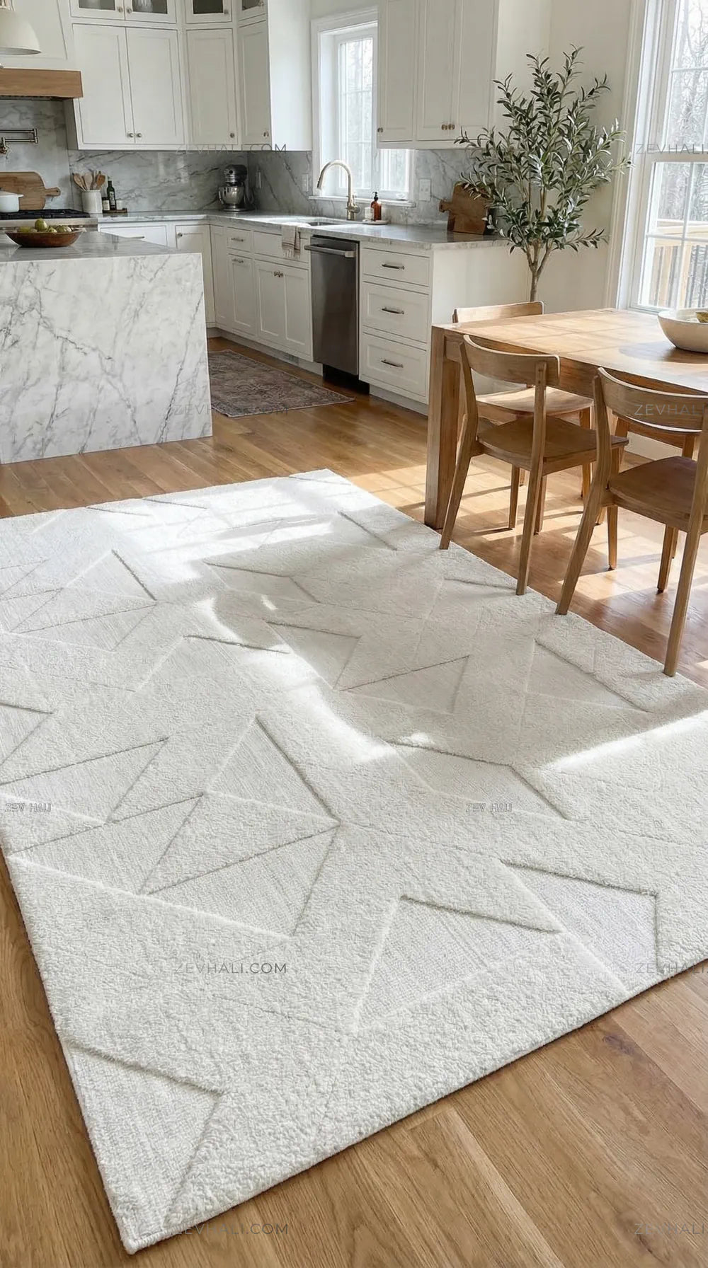 Zev Halı Babil Beyaz Geometrik Yumuşak Salon Koridor Halısı Özel Ölçü Ba04 | Microfiber Halı | Zev Halı