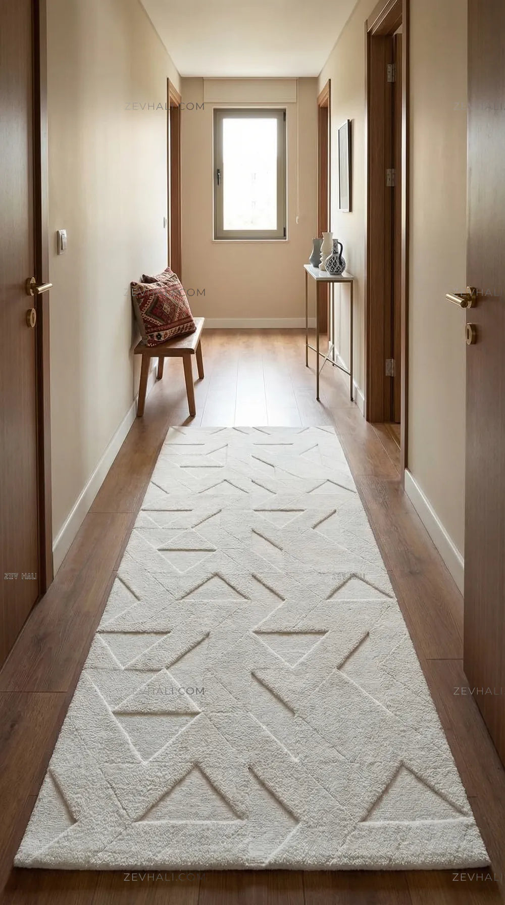 Zev Halı Babil Beyaz Geometrik Yumuşak Salon Koridor Halısı Özel Ölçü Ba04 | Microfiber Halı | Zev Halı