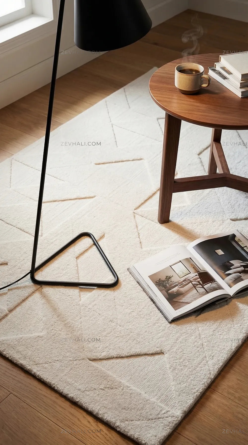 Zev Halı Babil Beyaz Geometrik Yumuşak Salon Koridor Halısı Özel Ölçü Ba04 | Microfiber Halı | Zev Halı