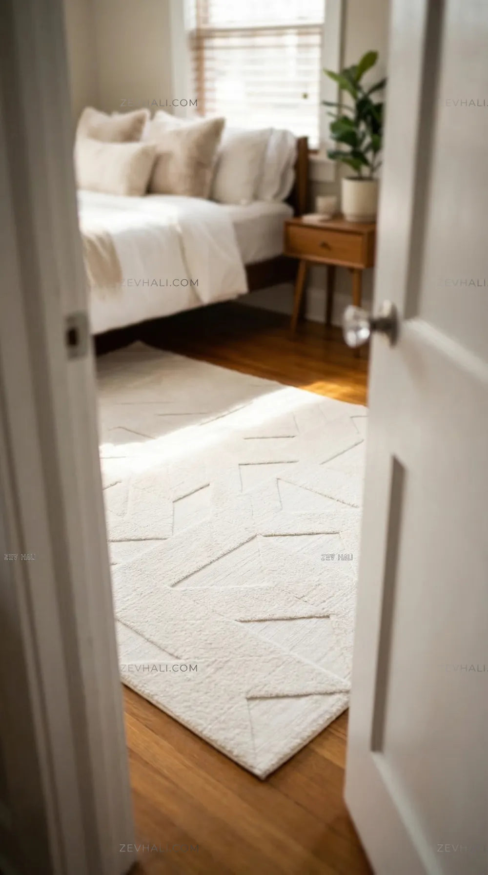 Zev Halı Babil Beyaz Geometrik Yumuşak Salon Koridor Halısı Özel Ölçü Ba04 | Microfiber Halı | Zev Halı