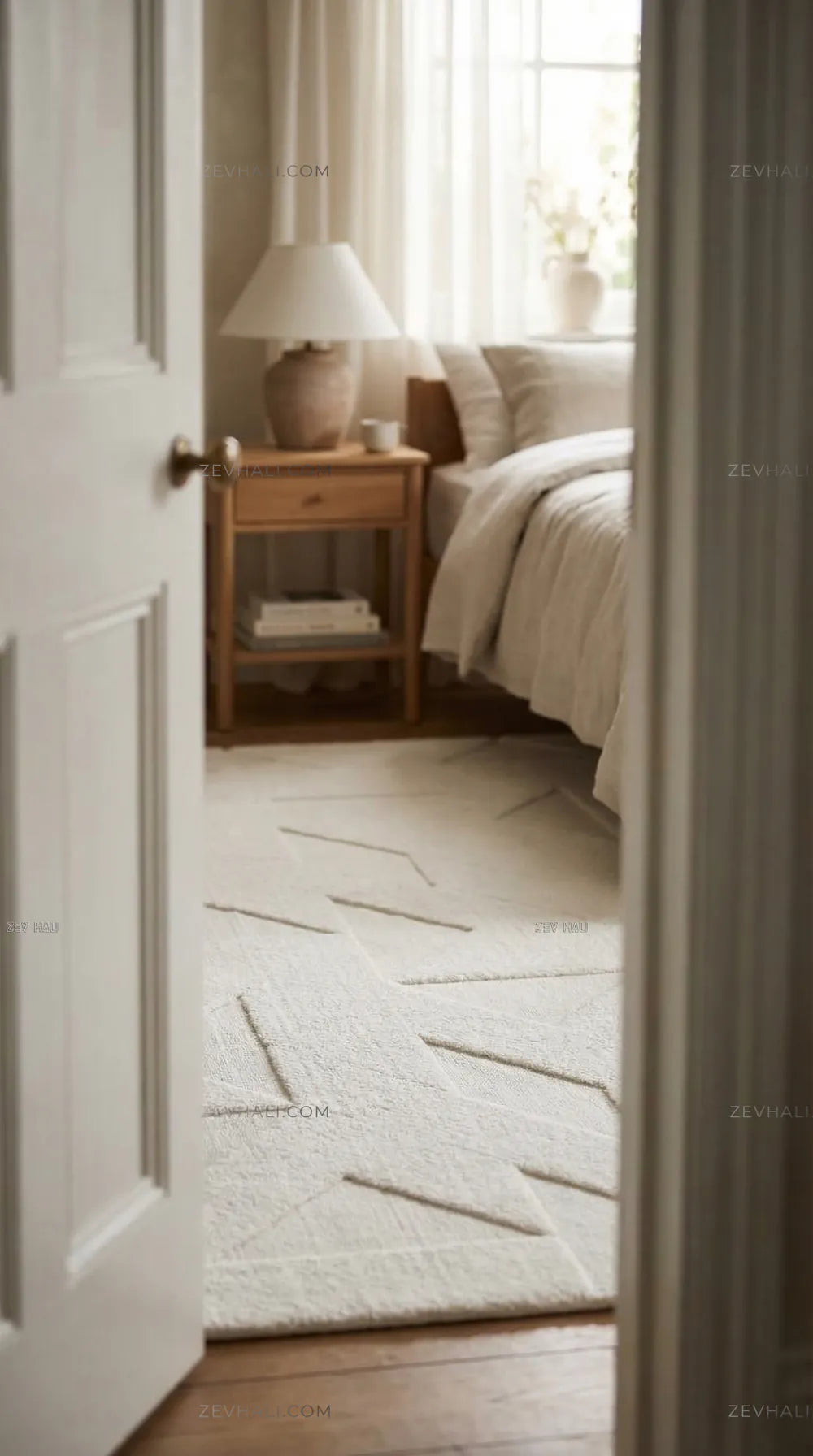 Zev Halı Babil Beyaz Geometrik Yumuşak Salon Koridor Halısı Özel Ölçü Ba04 | Microfiber Halı | Zev Halı