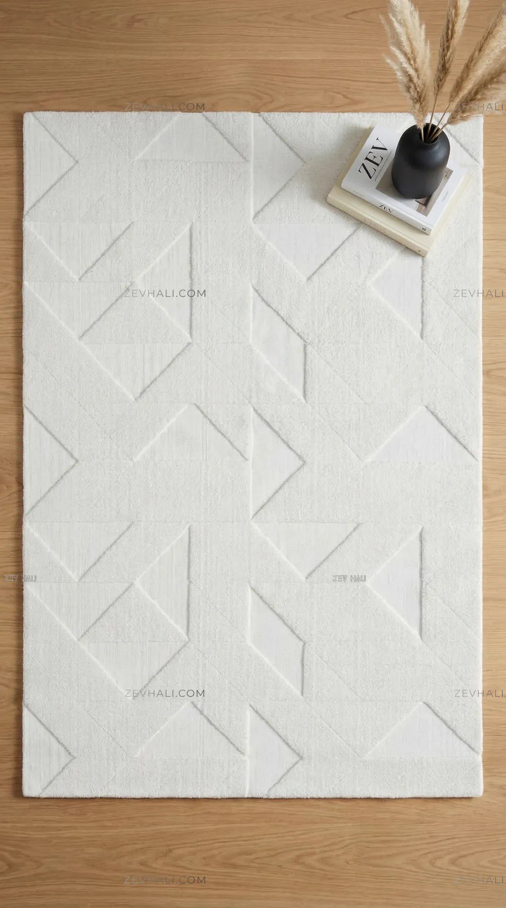 Zev Halı Babil Beyaz Geometrik Yumuşak Salon Koridor Halısı Özel Ölçü Ba04 | Microfiber Halı | Zev Halı