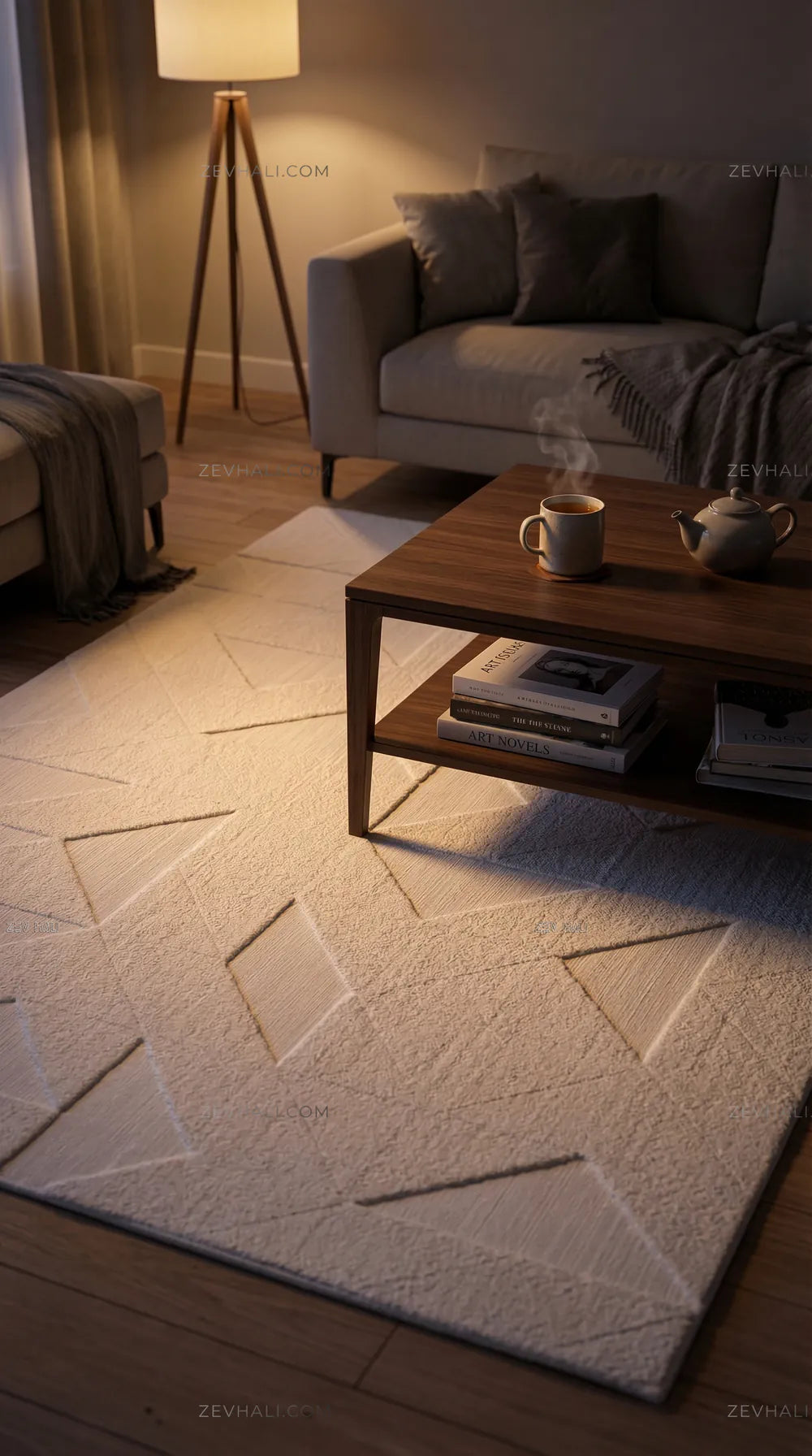 Zev Halı Babil Beyaz Geometrik Yumuşak Salon Koridor Halısı Özel Ölçü Ba04 | Microfiber Halı | Zev Halı