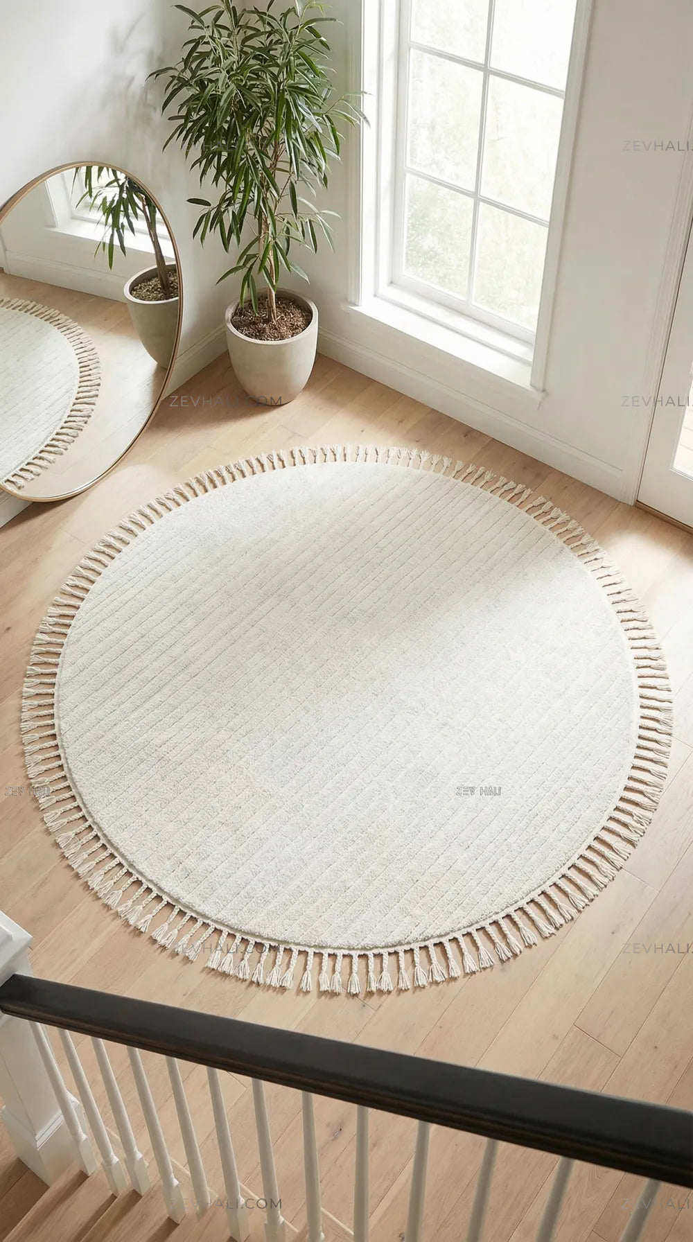 Zev Halı Babil Beyaz Çizgili Yumuşak Tek Renk Modern Yuvarlak Halı Ba16 | Microfiber Halı | Zev Halı