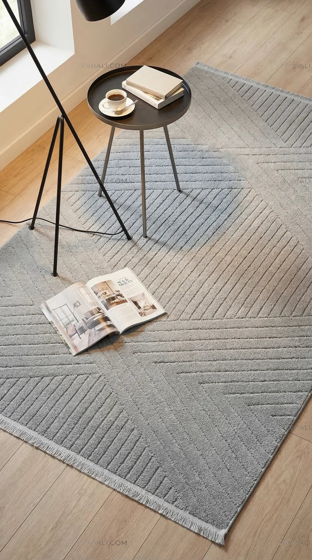 Zev Halı Babil Gri Çizgili Elmas Desenli Salon Halısı Özel Ölçü Ba08 | Microfiber Halı | Zev Halı