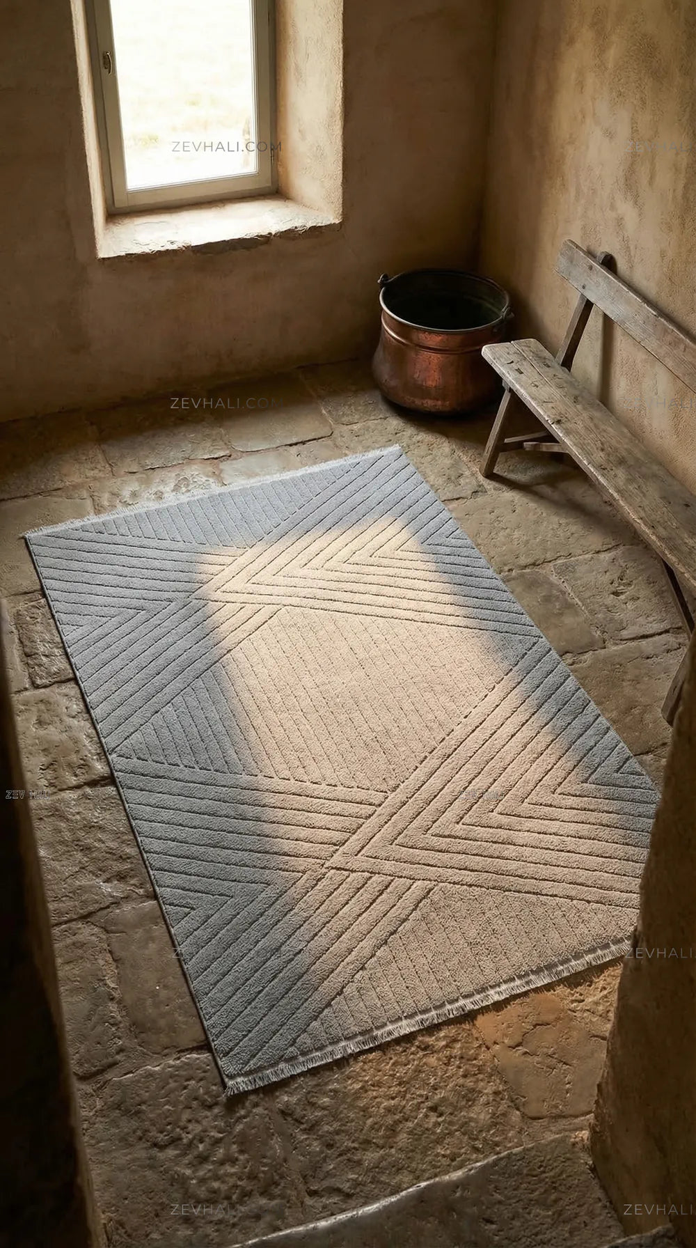 Zev Halı Babil Gri Çizgili Elmas Desenli Salon Halısı Özel Ölçü Ba08 | Microfiber Halı | Zev Halı