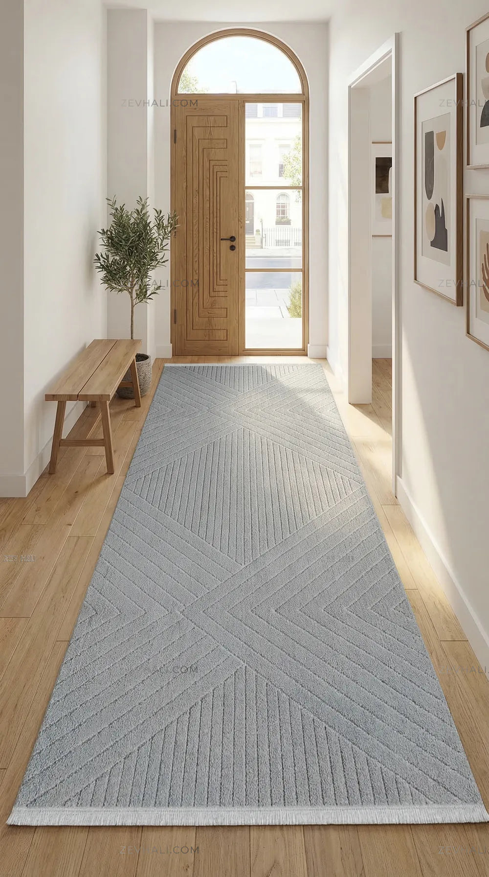 Zev Halı Babil Gri Çizgili Elmas Desenli Salon Halısı Özel Ölçü Ba08 | Microfiber Halı | Zev Halı