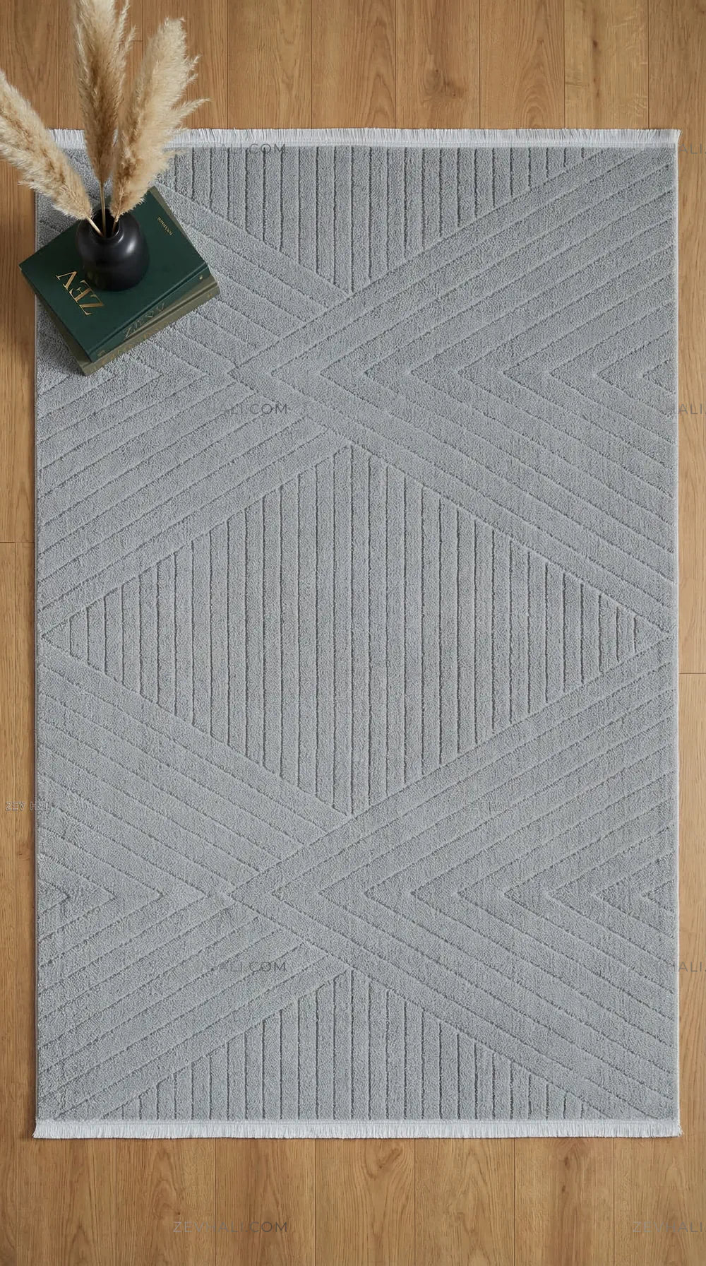 Zev Halı Babil Gri Çizgili Elmas Desenli Salon Halısı Özel Ölçü Ba08 | Microfiber Halı | Zev Halı