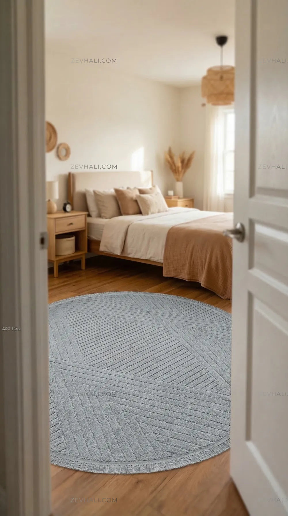 Zev Halı Babil Gri Çizgili Yumuşak Modern Yuvarlak Halı Ba11 | Microfiber Halı | Zev Halı