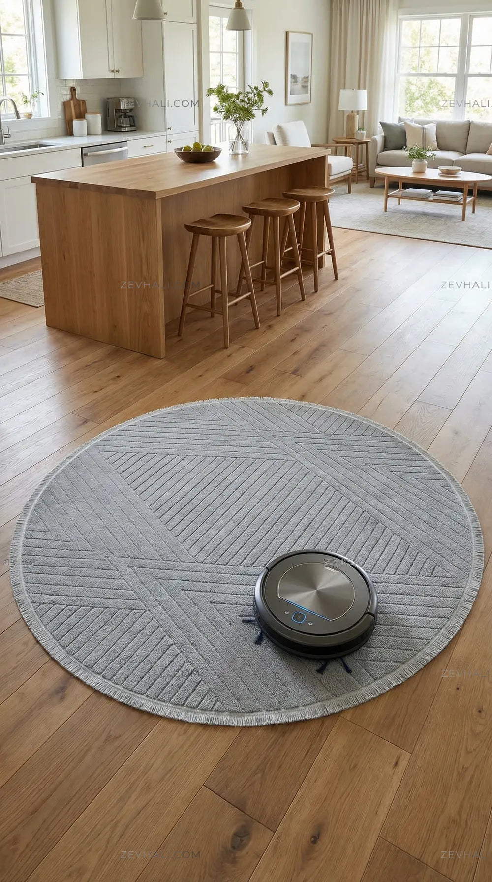 Zev Halı Babil Gri Çizgili Yumuşak Modern Yuvarlak Halı Ba11 | Microfiber Halı | Zev Halı