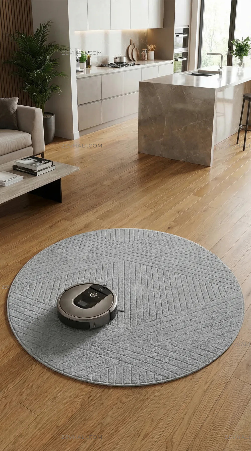 Zev Halı Babil Gri Çizgili Yumuşak Modern Yuvarlak Halı Ba11 | Microfiber Halı | Zev Halı