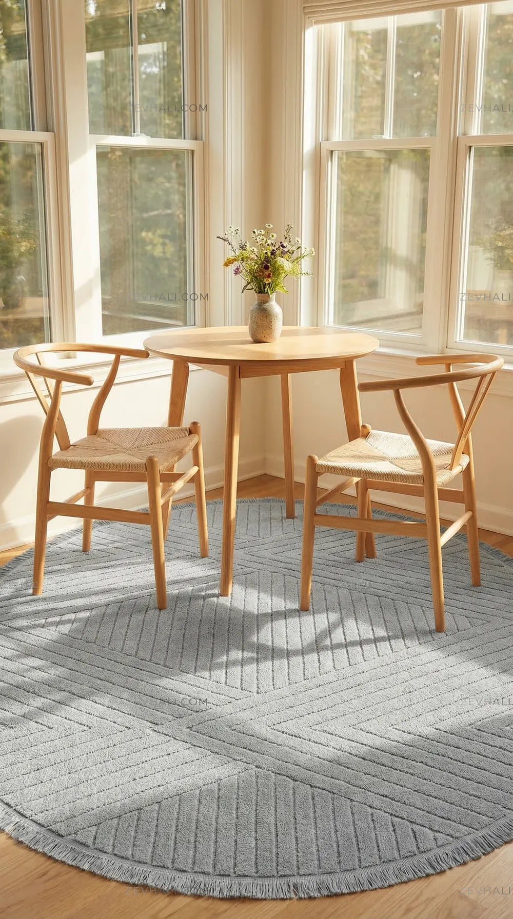 Zev Halı Babil Gri Çizgili Yumuşak Modern Yuvarlak Halı Ba11 | Microfiber Halı | Zev Halı