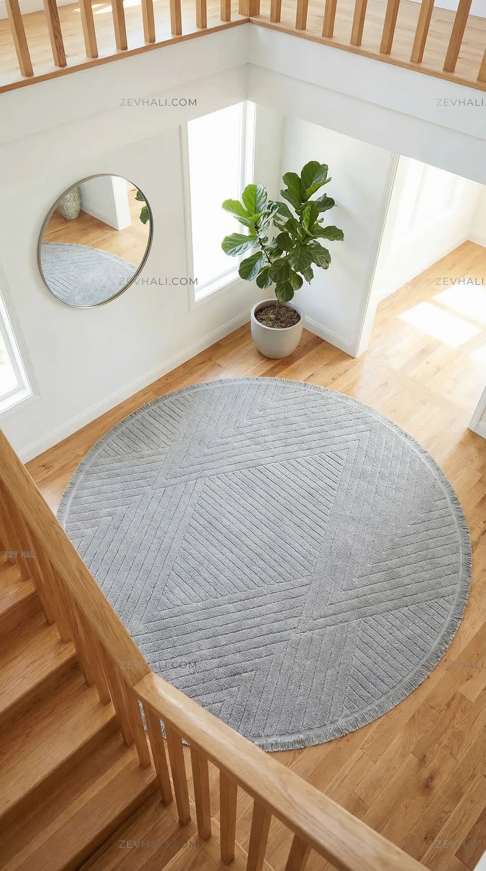 Zev Halı Babil Gri Çizgili Yumuşak Modern Yuvarlak Halı Ba11 | Microfiber Halı | Zev Halı