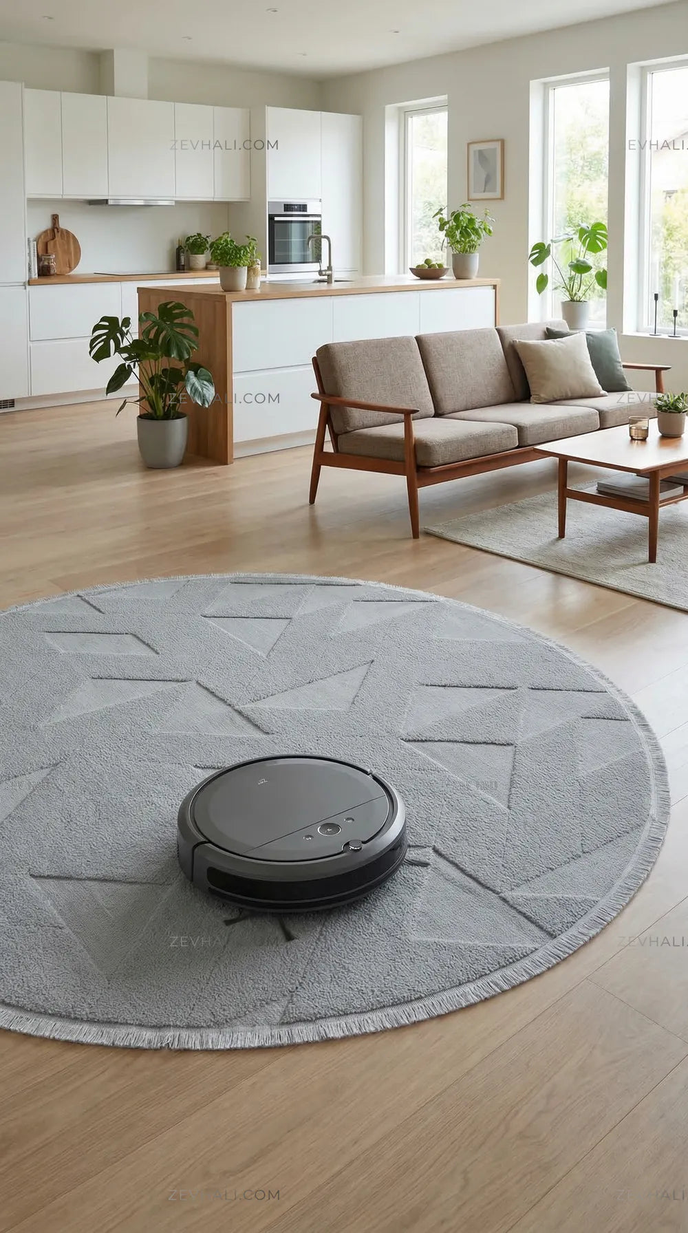 Zev Halı Babil Gri Geometrik Yumuşak Modern Tek Renk Yuvarlak Halı Ba14 | Microfiber Halı | Zev Halı