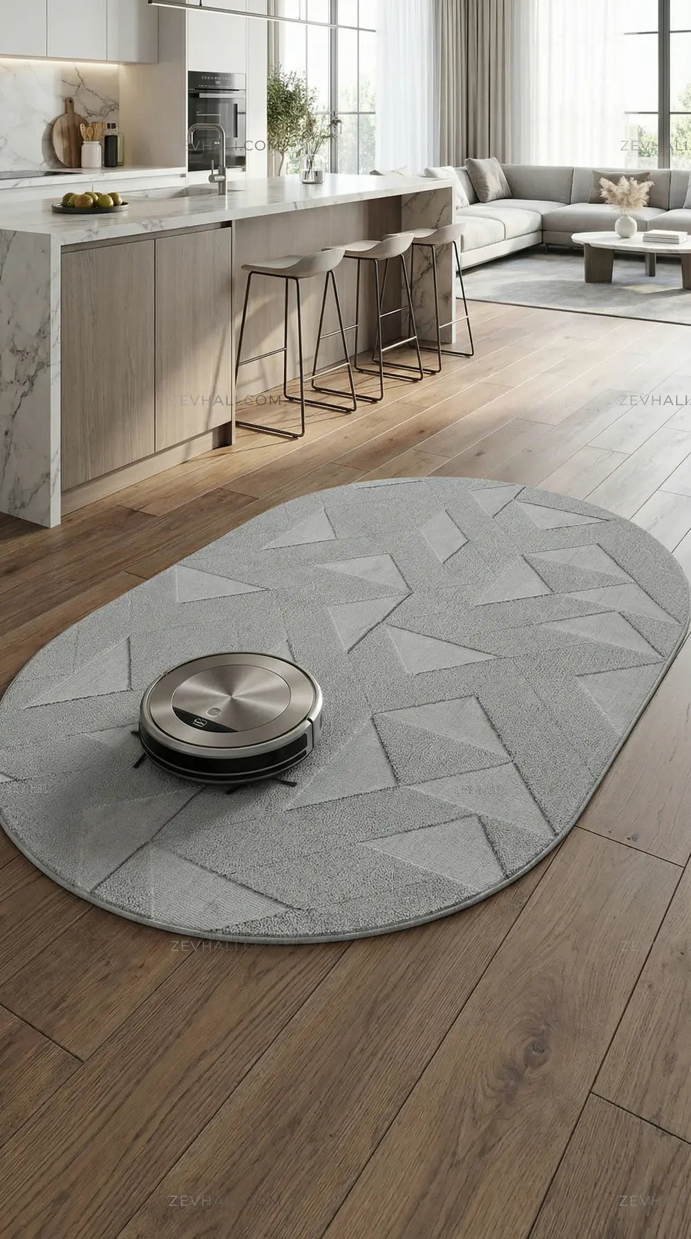 Zev Halı Babil Gri Geometrik Microfiber Ekstra Yumuşak Oval Halı Özel Ölçü Ba23 | Microfiber Halı | Zev Halı