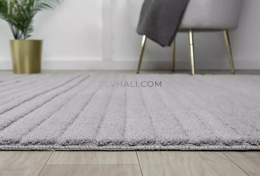 Zev Halı Babil Gri Çizgili Yumuşak Tek Renk Yuvarlak Halı Ba17 | Microfiber Halı | Zev Halı
