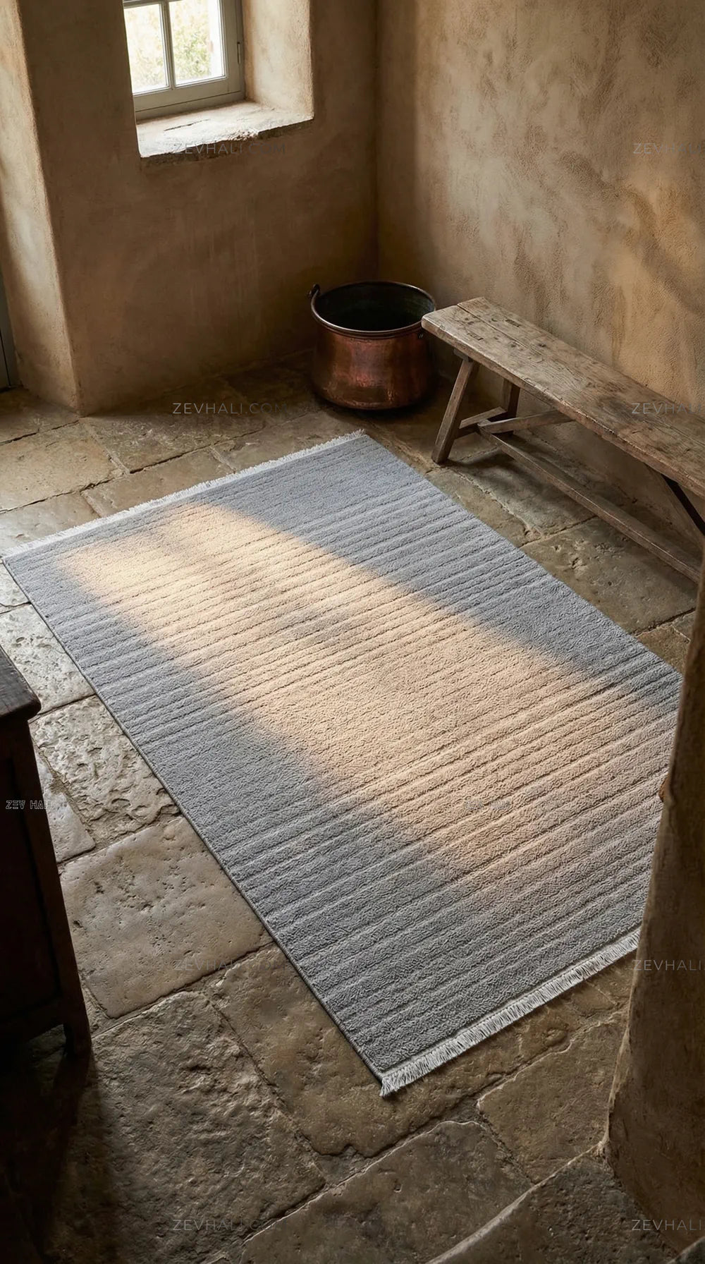 Zev Halı Babil Gri Kendinden Çizgili Ekstra Yumuşak Halı Özel Ölçü Ba03 | Microfiber Halı | Zev Halı