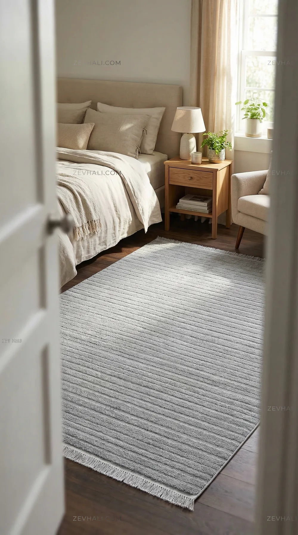 Zev Halı Babil Gri Kendinden Çizgili Ekstra Yumuşak Halı Özel Ölçü Ba03 | Microfiber Halı | Zev Halı